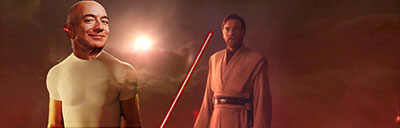 Obi Wan Kenobi standing next to Jeff bezos in a white shirt with a red lightsaber